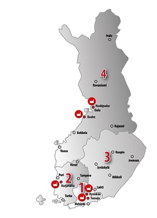 Fescon tehtaat ja myyntialueet